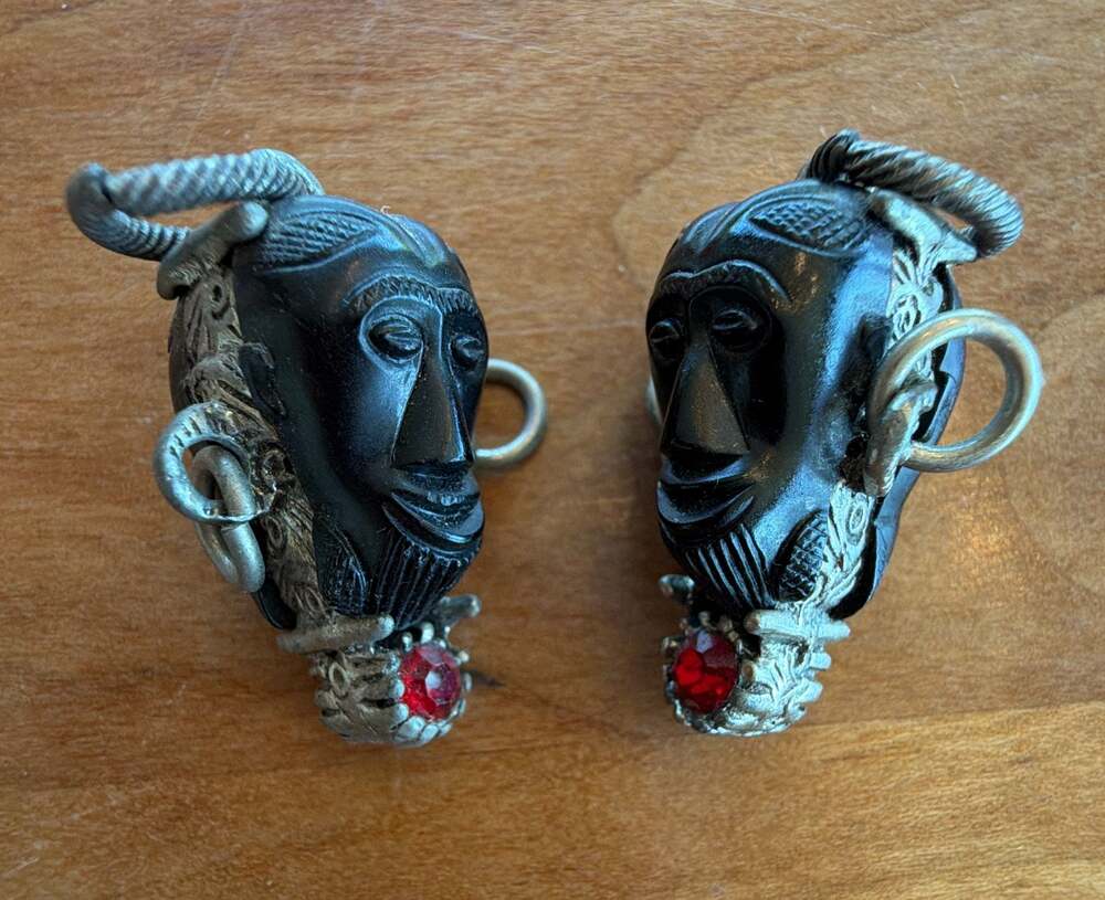 Vintage 1950s Selro Selini Double Sided Noh Mask Charms Pendants Pair Red Rhines